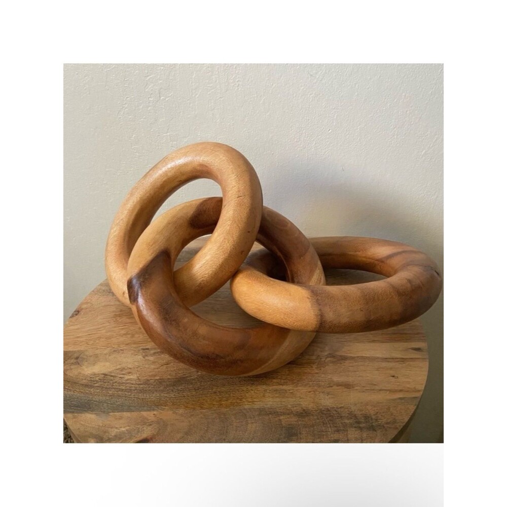 Three Oversized Intertwined Wood Rings Sculpture